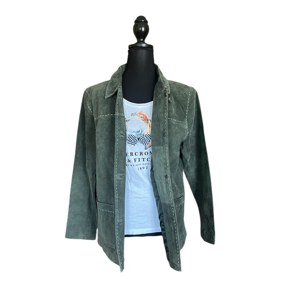 Denim & Co Washable Suede Leather Barn Green Jacket Pick-stitch size M